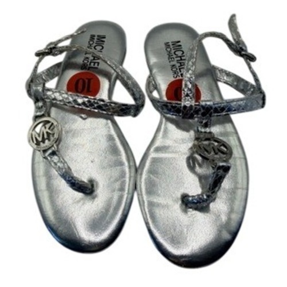 Michael Michael Kors Silver Metallic Snakeskin Logo Thong Sandals Womens 10